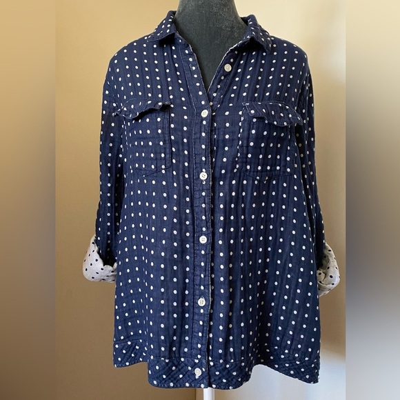 Kenneth Cole Reaction Blue White Polka Dot Cotton Gauze Button Down Size L - Picture 1 of 8